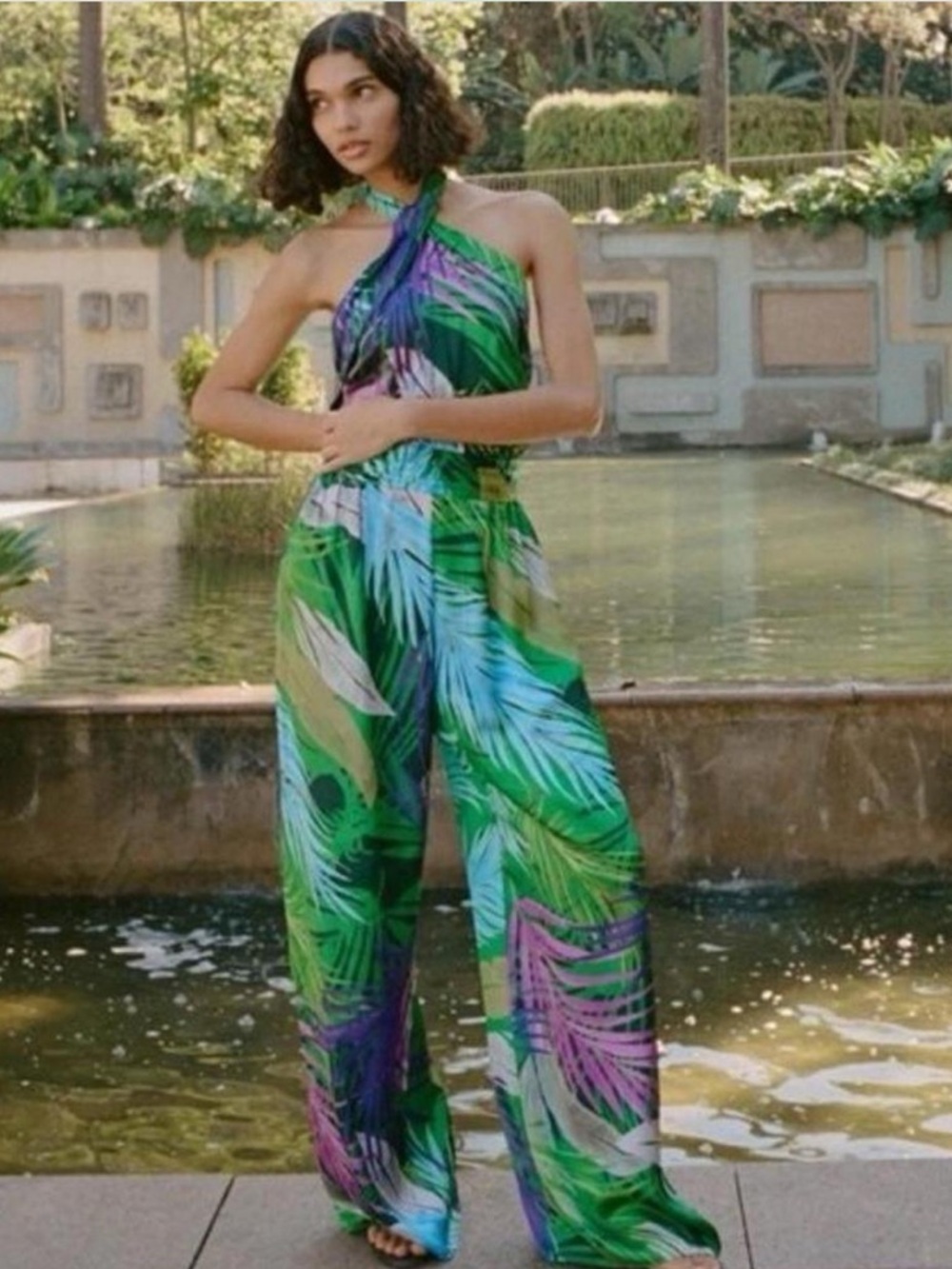ZARA SATIN EFFECT TROPICAL PRINT JUMPSUIT
